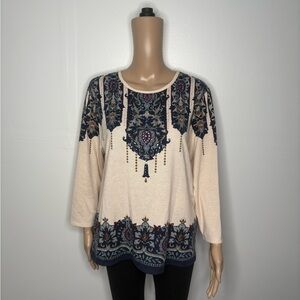 Alfred Dunner Cream and Navy Patterned Blouse